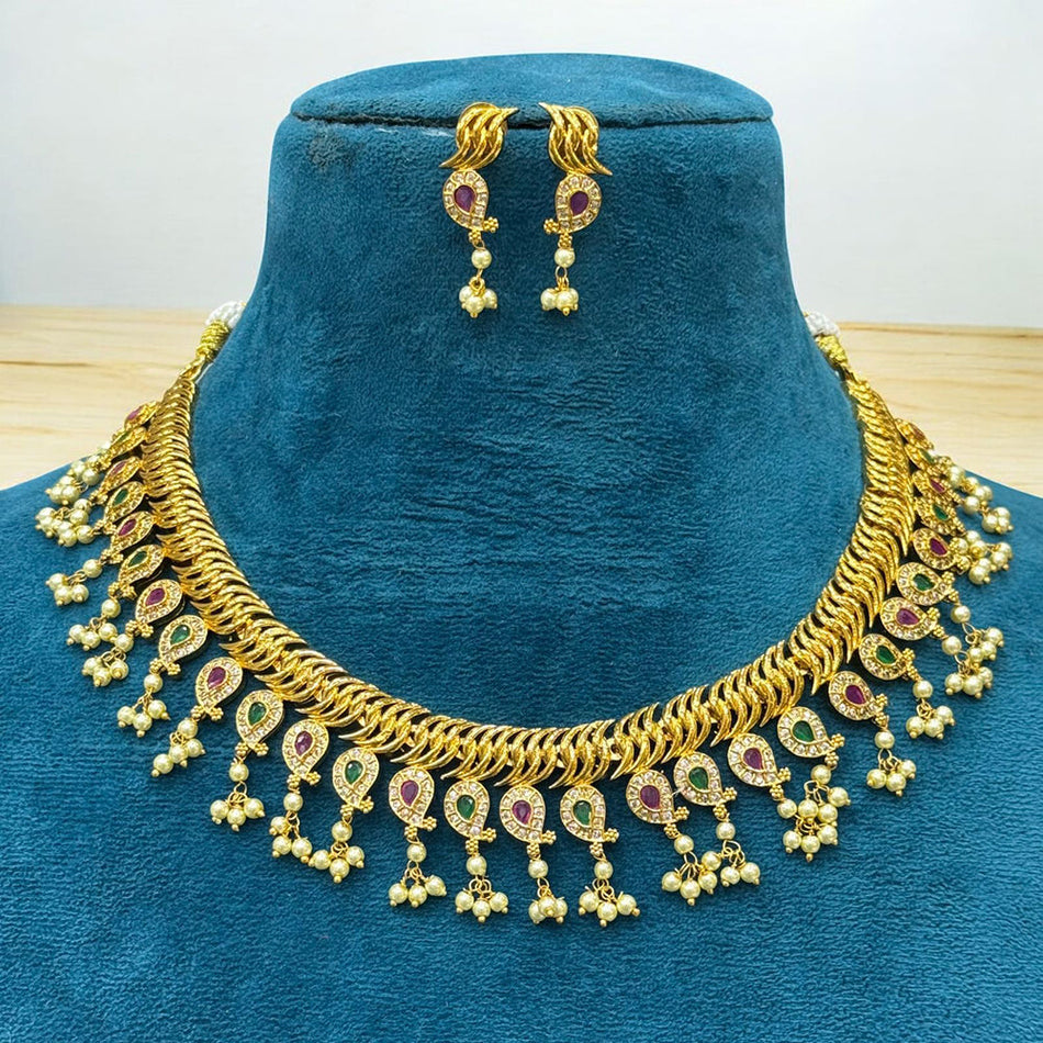 Royal Elegance Pota Stone with Pearl Necklace in Gold Plated | Bridal Jewellery India