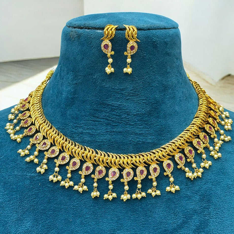 Royal Elegance Pota Stone with Pearl Necklace in Gold Plated | Bridal Jewellery India