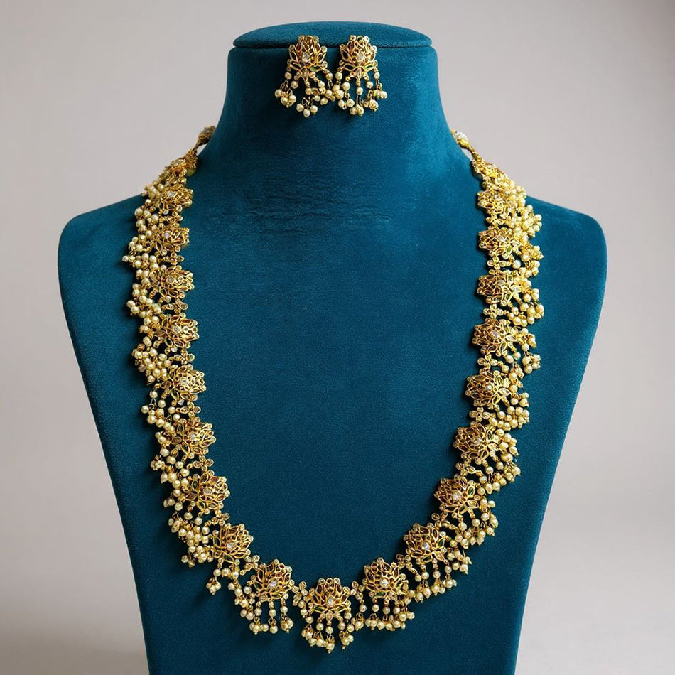 Lotus Long Necklace in Gold Tone | Bridal Jewellery India