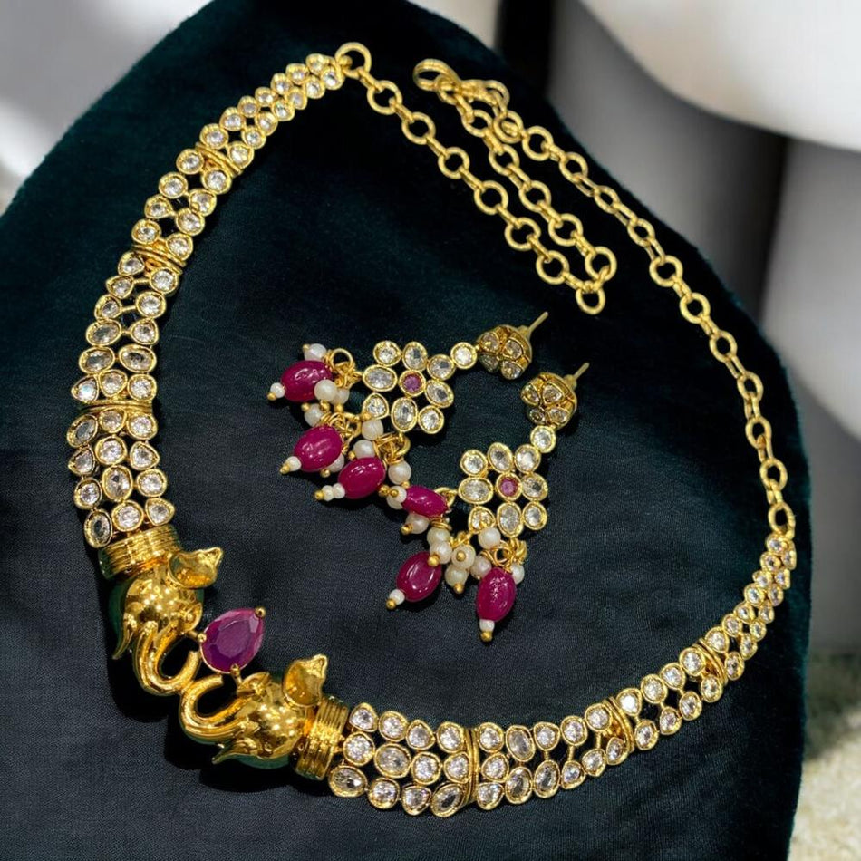 Pota Stone and Austrian Stone Necklace in Oxidised Silver | Bridal Jewellery India
