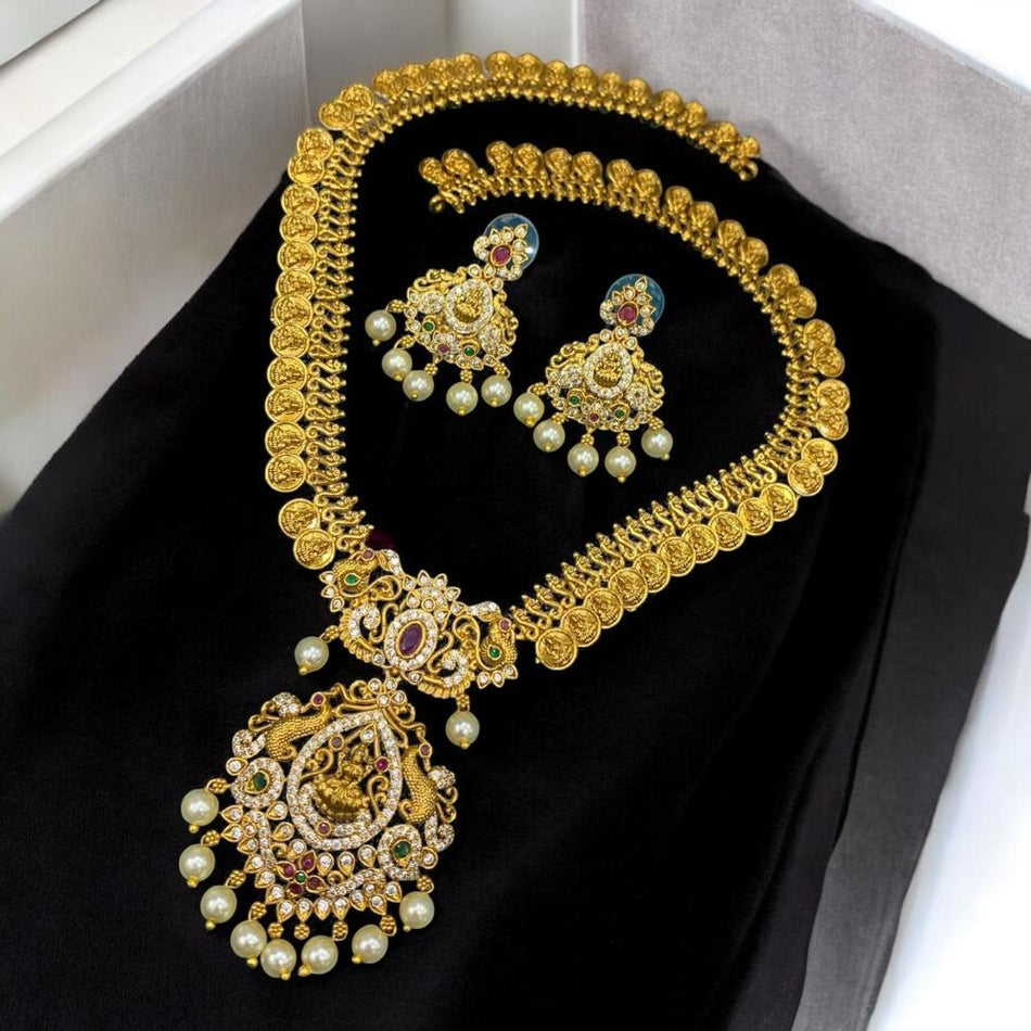 Pota Stone and Pearl Temple Necklace in Sterling Silver | Bridal Jewellery India