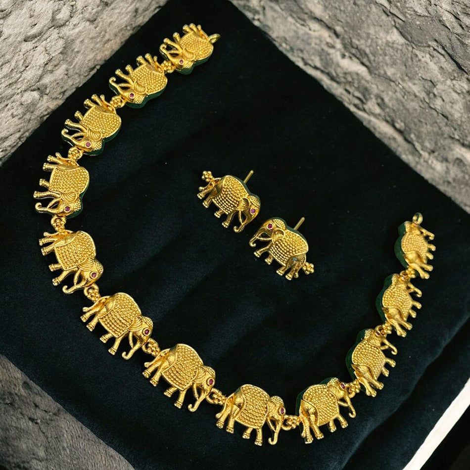 Elegant Elephant Pota Stone Necklace in Gold Tone | Bridal Jewellery India