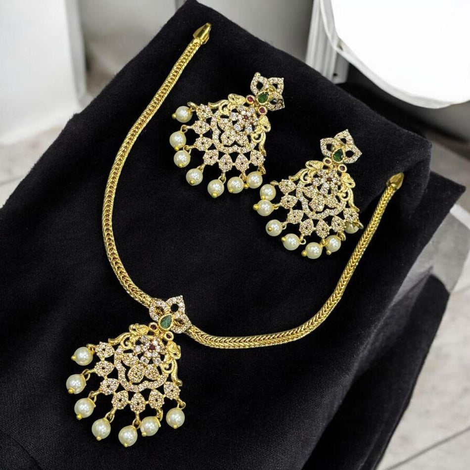 Rose Gold Plated Pota Stone Layered Necklace Set | Bridal Jewellery India
