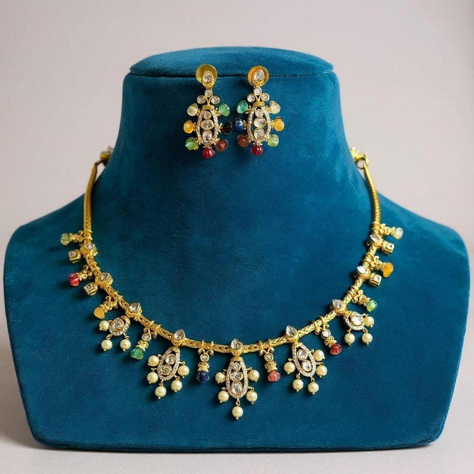 Rose Gold Plated Covering Pota Stone and Pearl Necklace Set | Bridal Jewellery India