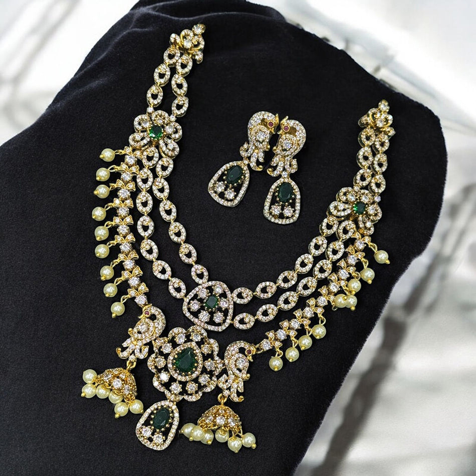 Rose Gold Plated Covering Crystal Pearl Necklace Set | Bridal Jewellery India