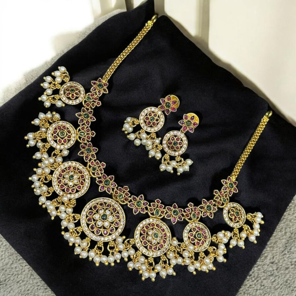 Pota Stone and Austrian Stone Necklace in Oxidised Silver | Bridal Jewellery India