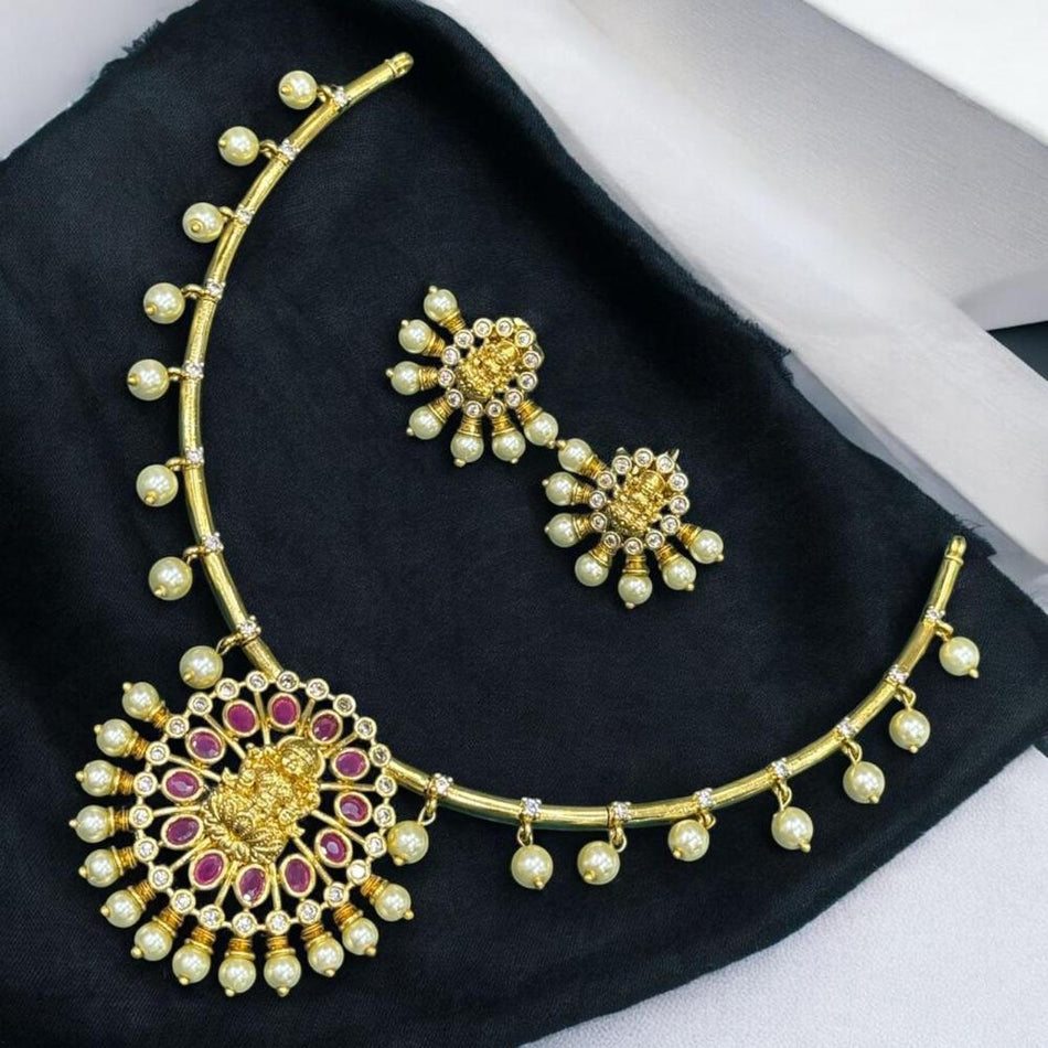 Rose Gold Plated Temple Necklace with Pota Stone | Bridal Jewellery India
