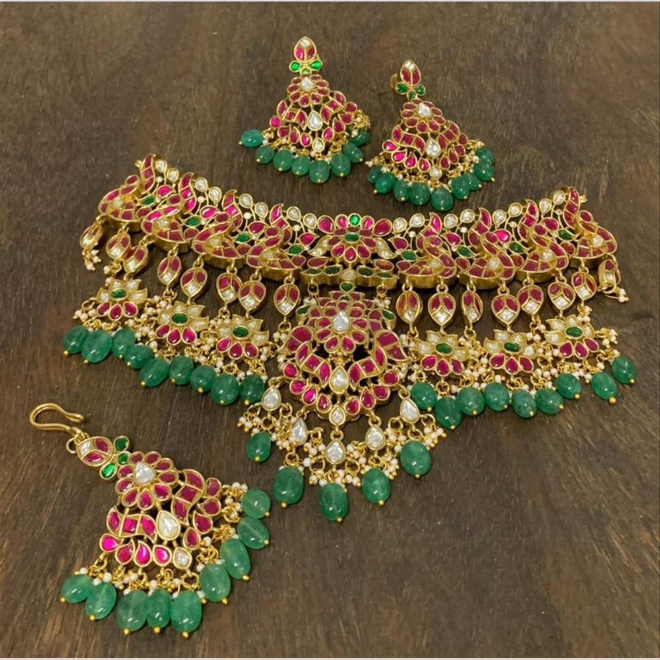 Designer Pota Stone Choker Necklace in Pearl | Bridal Jewellery India