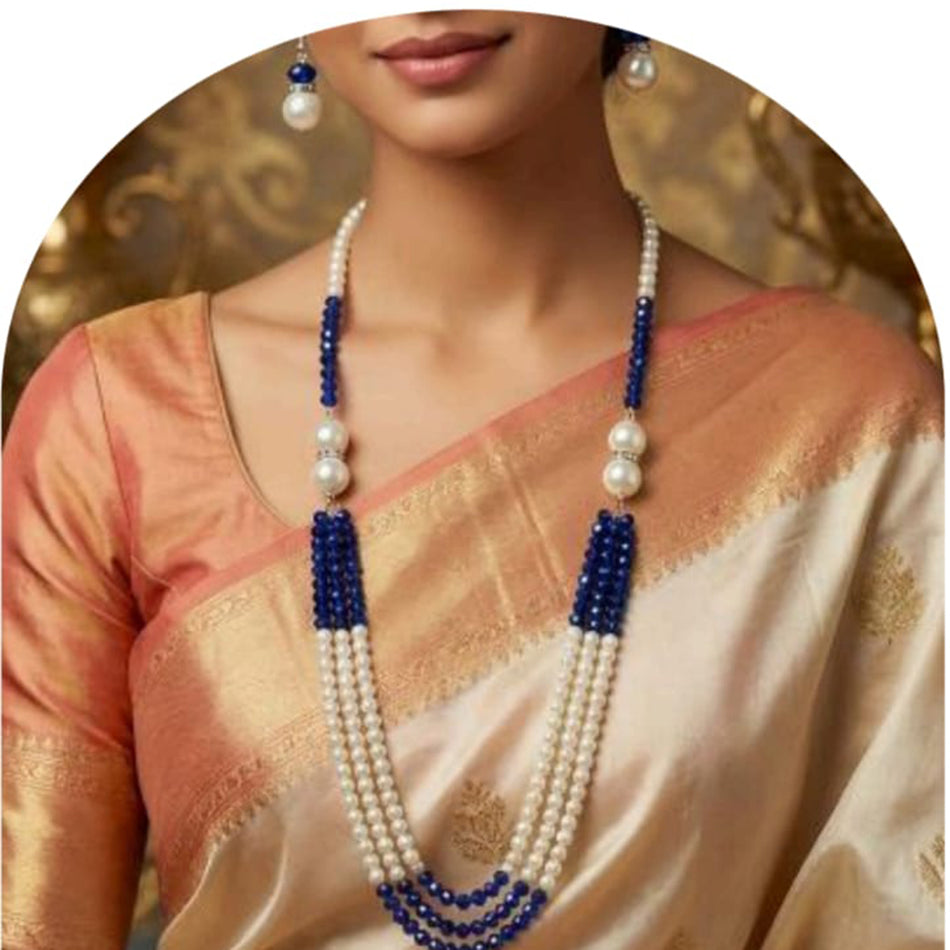 Pearl Long Necklace in Silver | Bridal Jewellery India