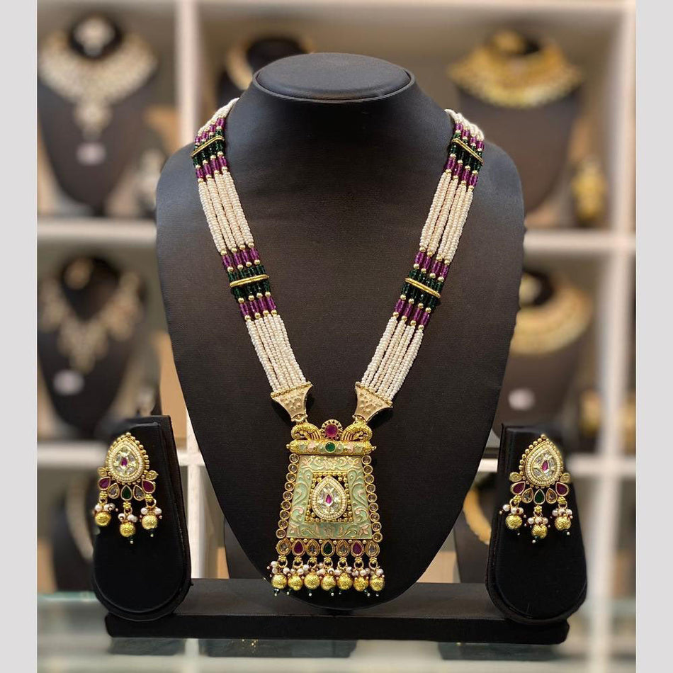 Meenakari Gold Plated Pota Stone Necklace Set | Bridal Jewellery India