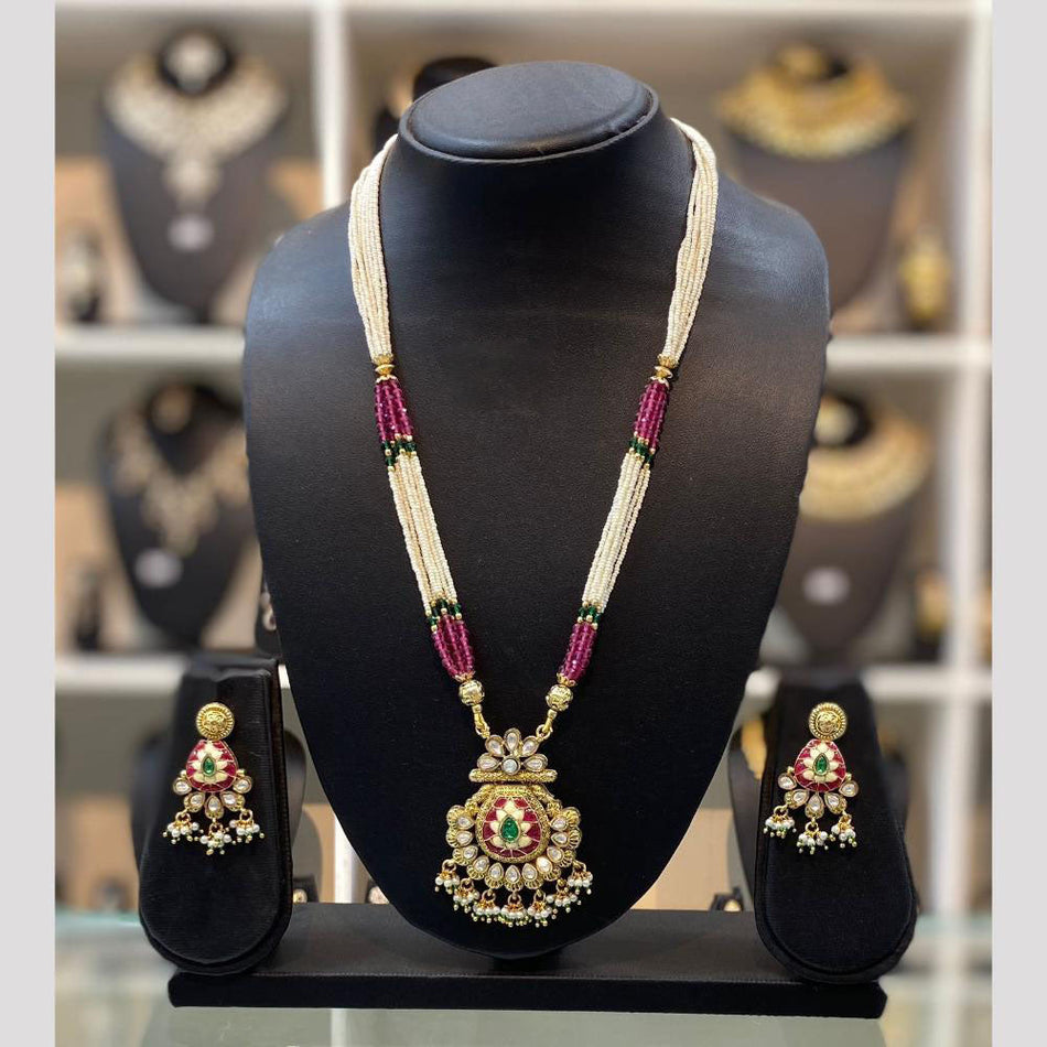 Gold Plated Pota Stone Long Necklace Set | Bridal Jewellery India