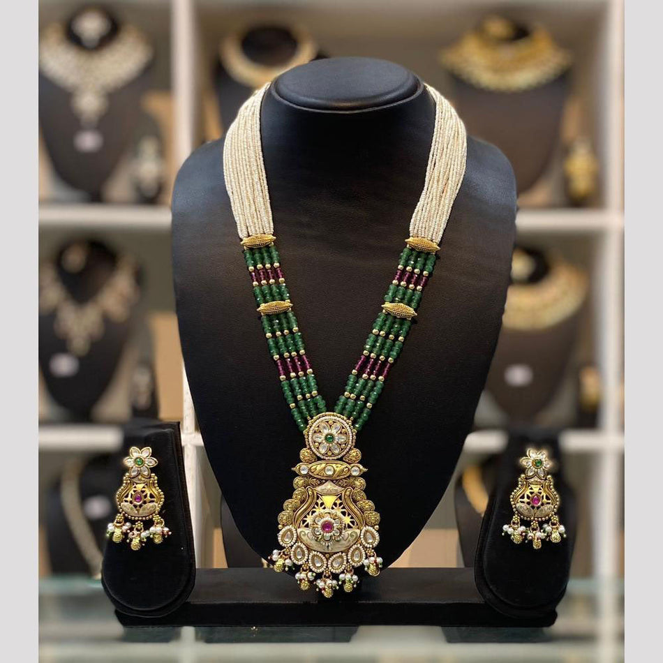 Gold Plated Pota Stone Long Necklace Set | Bridal Jewellery India