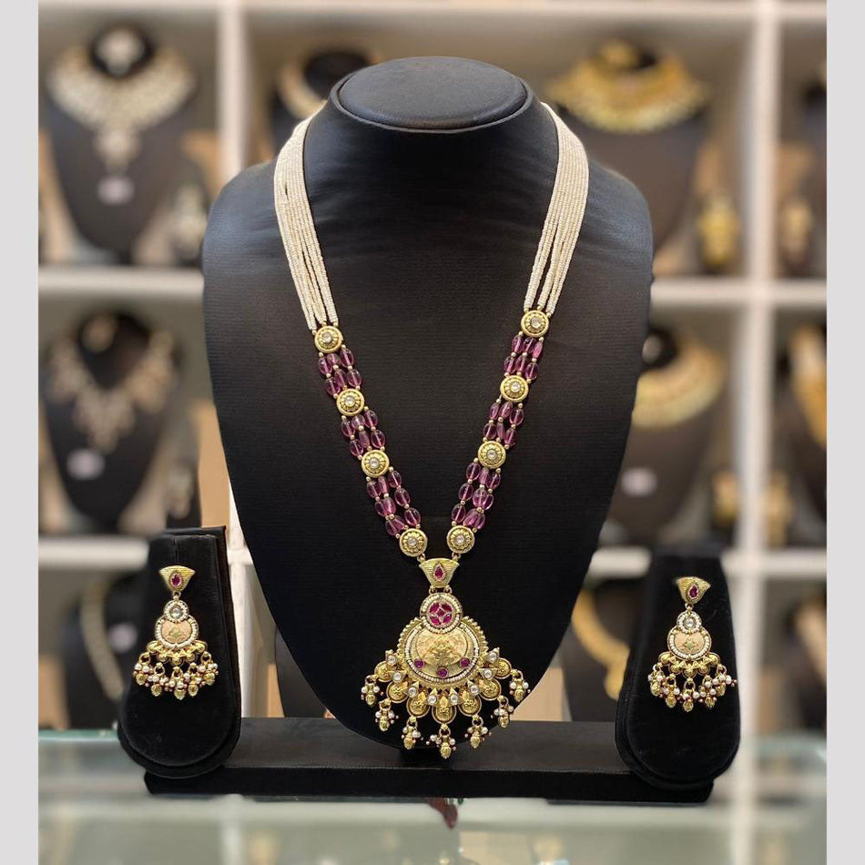 Plated Gold Plated Pota Stone Long Necklace Set | Bridal Jewellery India