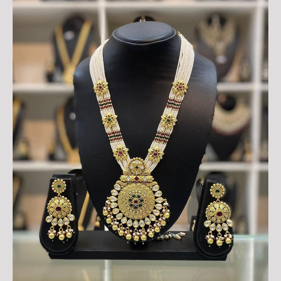 Gold Plated Pota Stone Long Necklace Set | Bridal Jewellery India