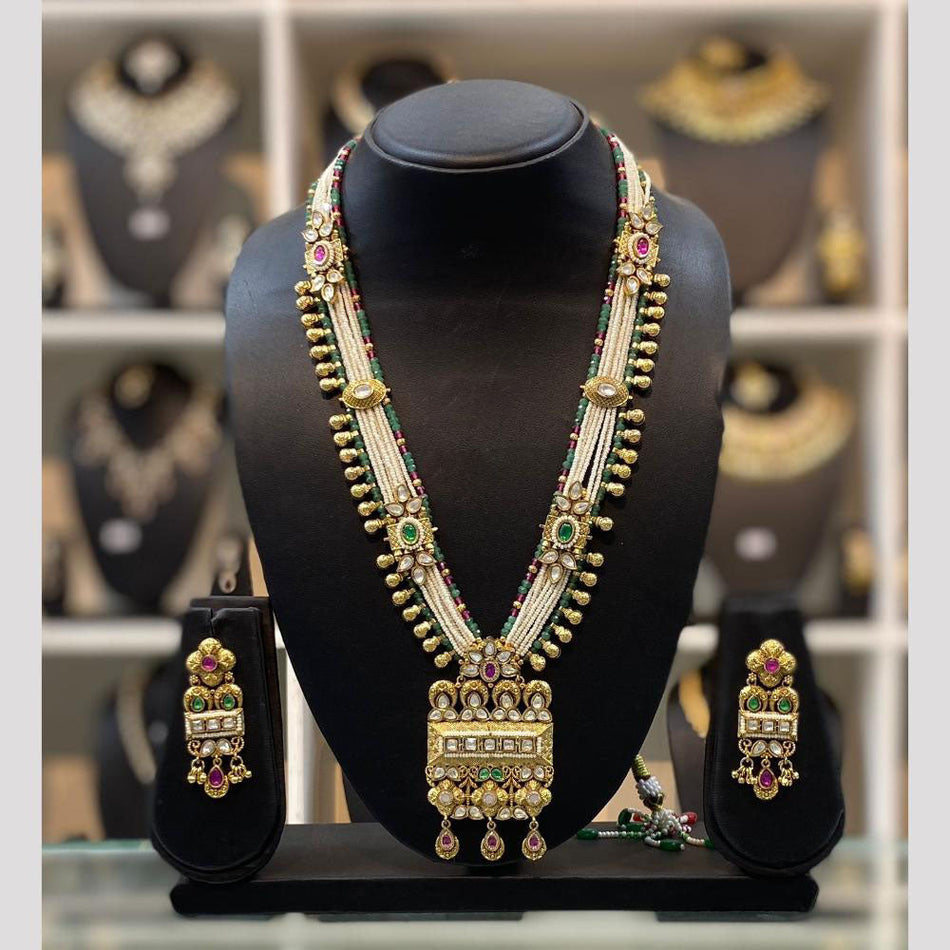 Gold Plated Pota Stone Long Necklace Set | Bridal Jewellery India