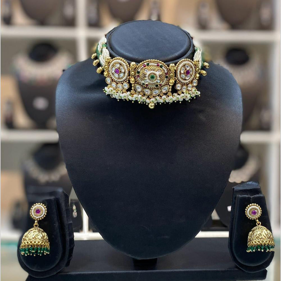 Rose Gold Plated Pota Stone Choker Necklace Set | Bridal Jewellery India