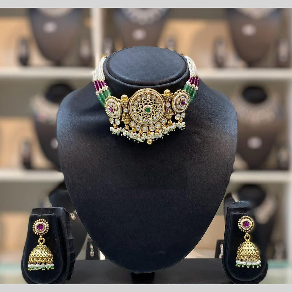 Rose Gold Plated Pota Stone Choker Necklace Set | Bridal Jewellery India