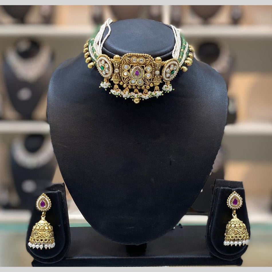 Rose Gold Plated Pota Stone Choker Necklace Set | Bridal Jewellery India
