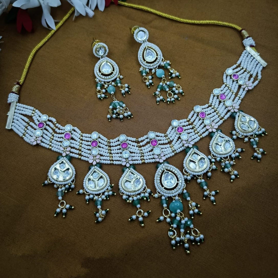 Kundan Necklace in White Gold Plated | Bridal Jewellery India