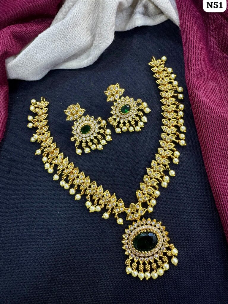 Crystal Stone and Pearl Necklace in White Gold Plated | Bridal Jewellery India