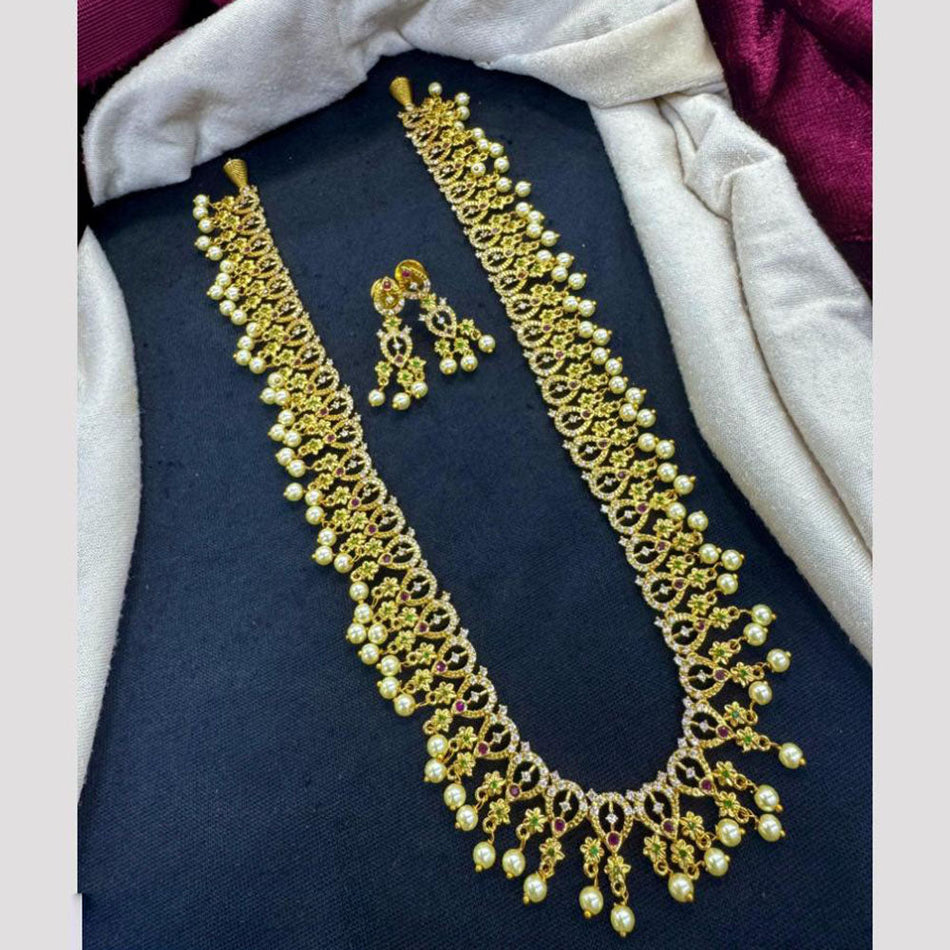 Glowing Rose Gold Plated Long Necklace Set with Austrian Pearls | Bridal Jewellery India