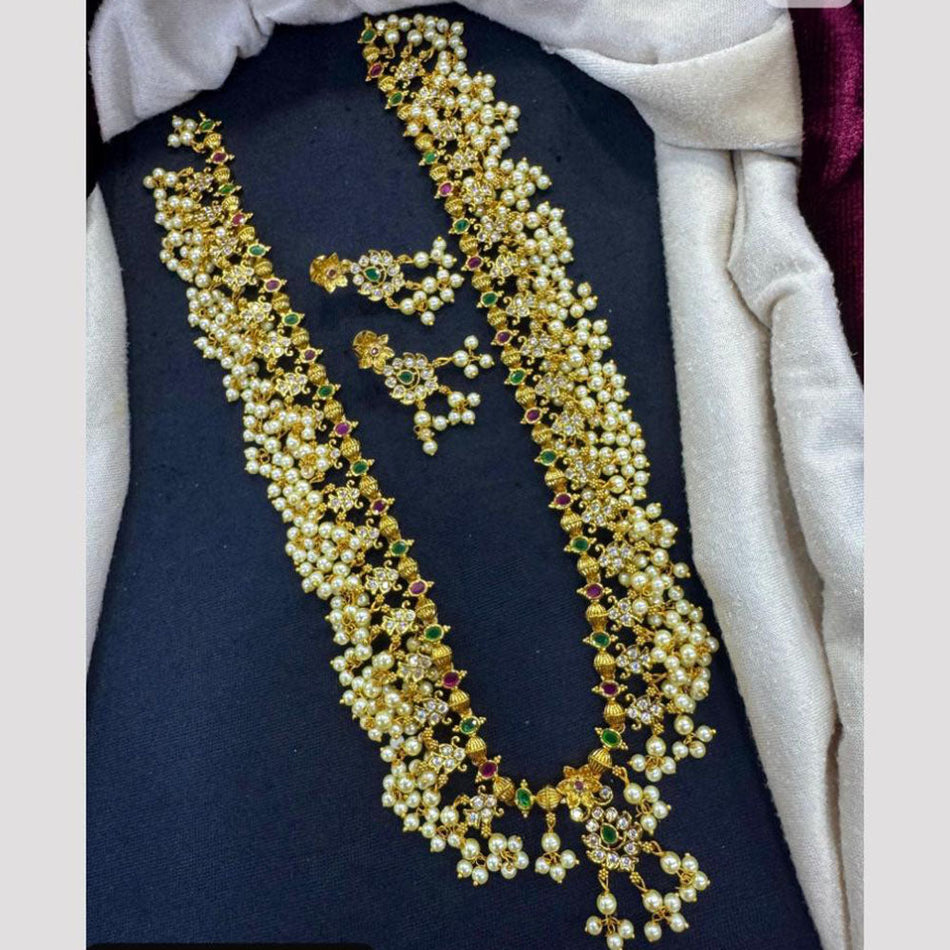 Rose Gold Plated Long Necklace with Austrian Pearls | Bridal Jewellery India
