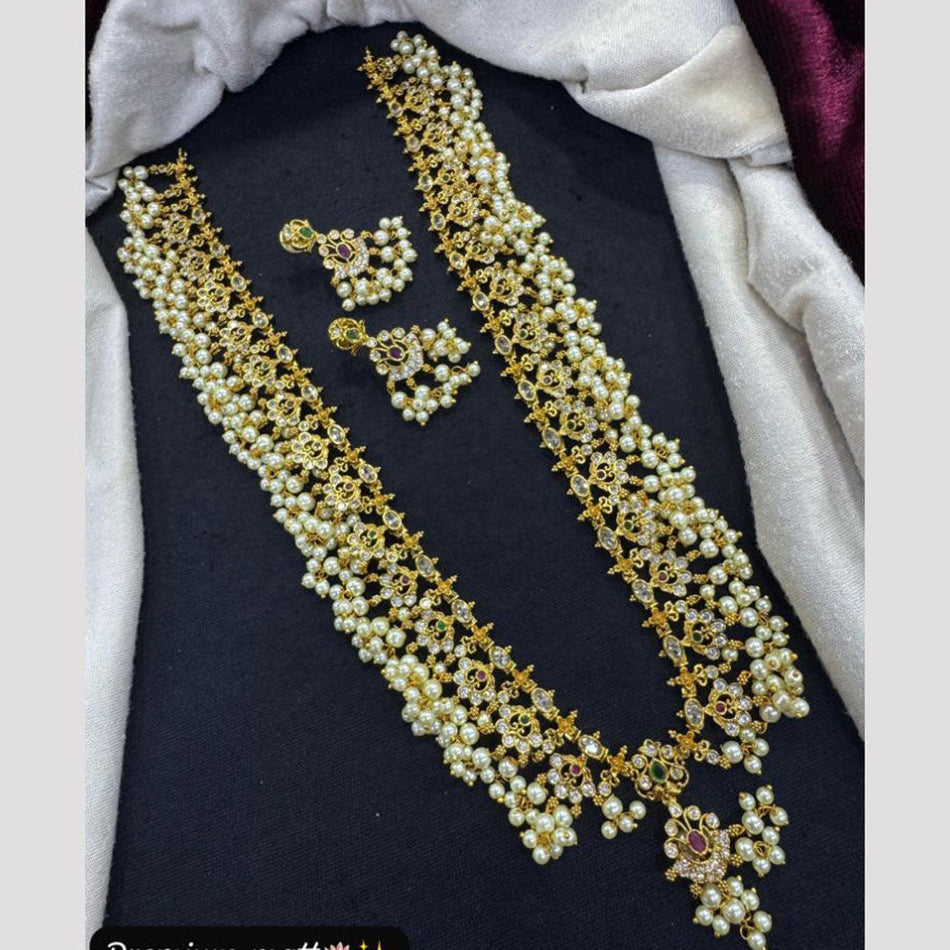 Rose Gold Plated Long Necklace with Austrian Pearls | Bridal Jewellery India