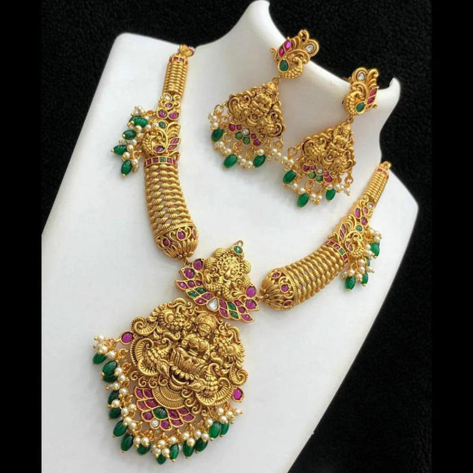 Glowing Temple Pearl Necklace in  Gold Plated | Bridal Jewellery India