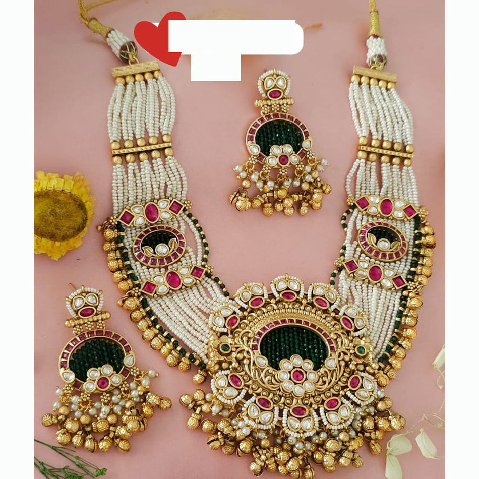 Rose Gold Plated Pota Stone Pearl Necklace Set | Bridal Jewellery India