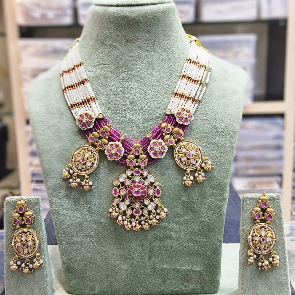 Pota Stone and Pearl Necklace in  Gold Plated | Bridal Jewellery India