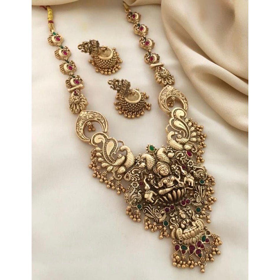Long Necklace Set in Gold Tone with Pota Stone and Pearl | Bridal Jewellery India