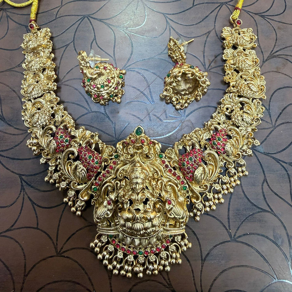 Rose Gold Plated Temple Stone Pearl Necklace Set | Bridal Jewellery India