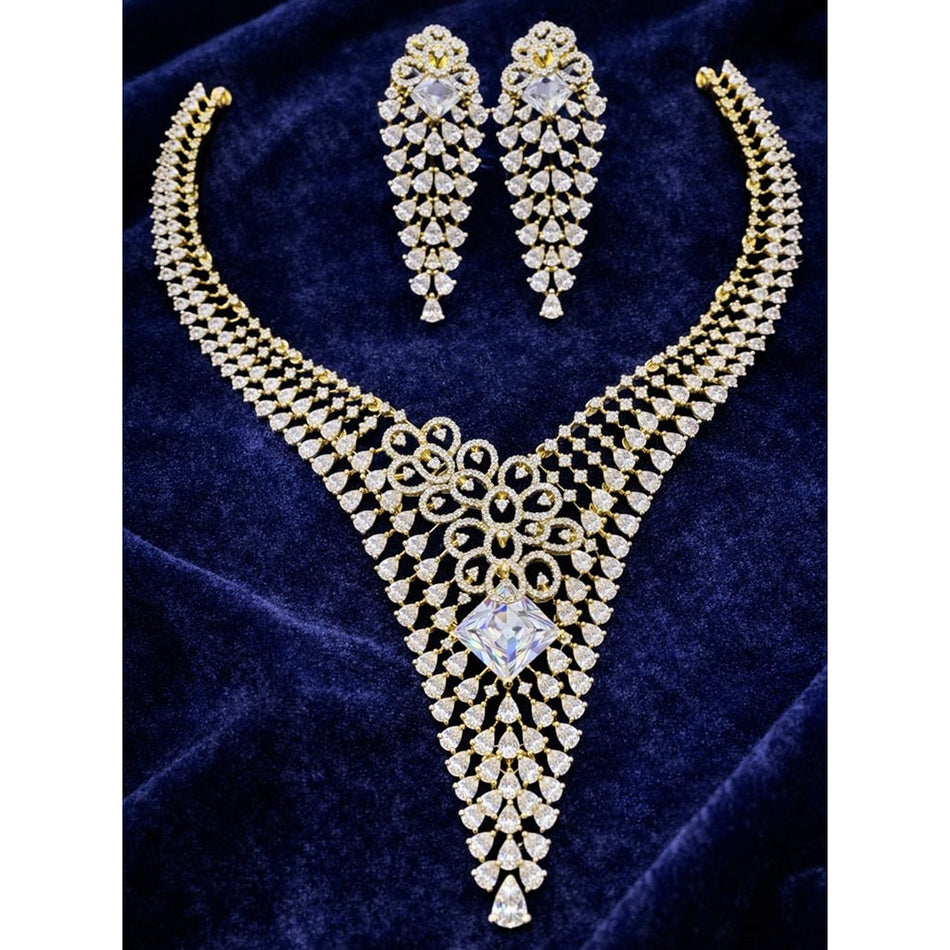 Glamorous Diamond Necklace Set in 18K Gold Plated | Bridal Jewellery India