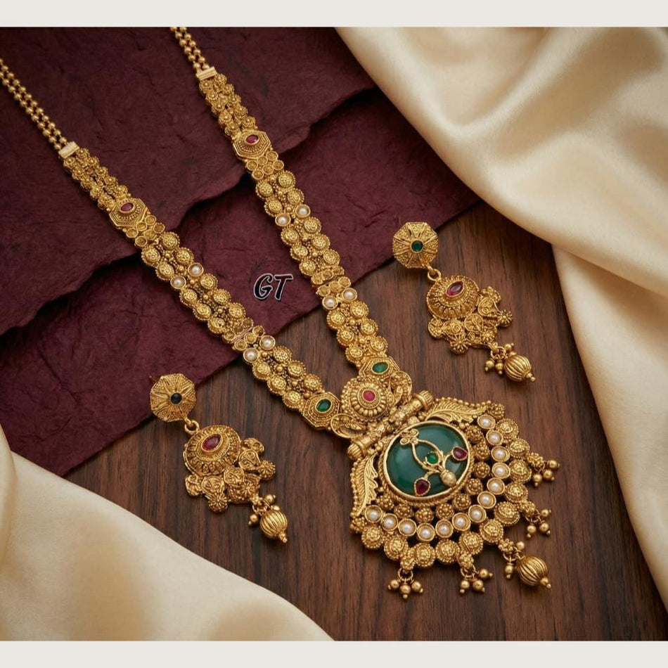 Pota Stone Long Necklace in Rose Gold Plated | Bridal Jewellery India