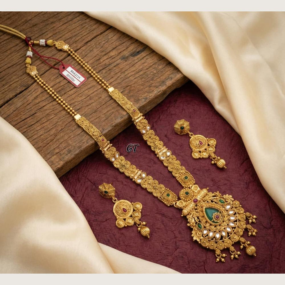 Rose Gold Plated Pota Stone Long Necklace Set for Bridal Wear | Bridal Jewellery India