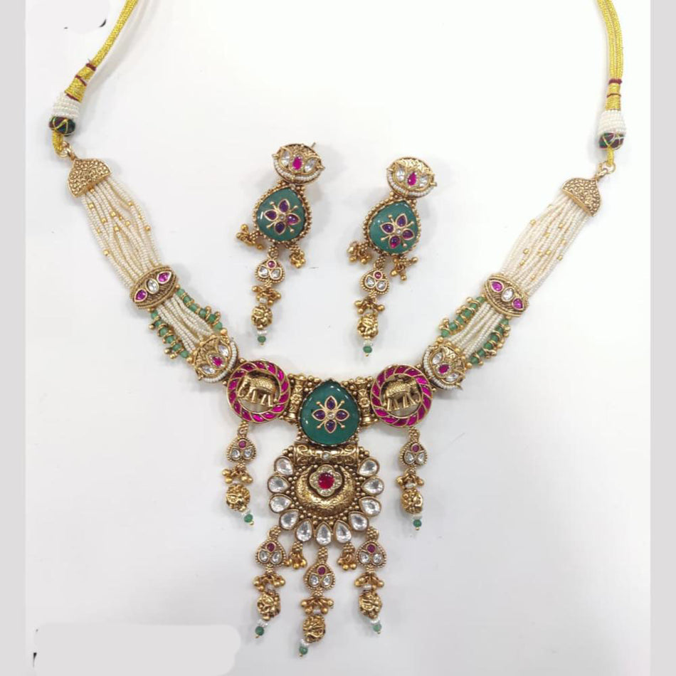 Rose Gold Plated Pota Stone and Pearl Necklace Set | Bridal Jewellery India