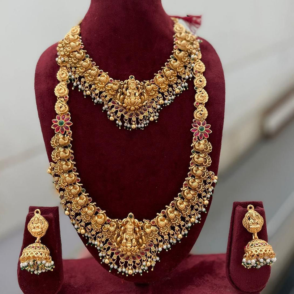 Pota Stone and Pearl Temple Necklace in Gold Tone | Bridal Jewellery India