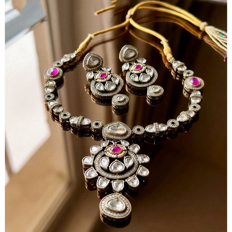 Kundan Necklace in Silver with Pearl   Stone Sets | Bridal Jewellery India
