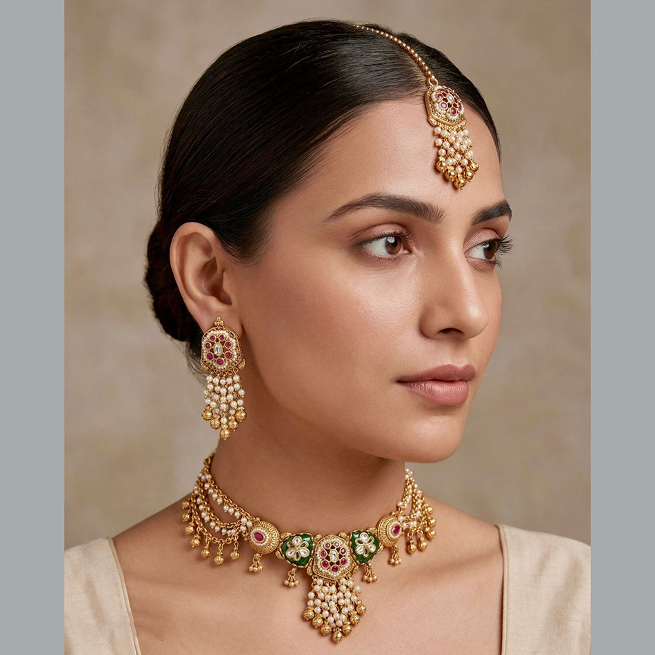Pota Stone and Pearl Necklace in Gold Tone | Bridal Jewellery India