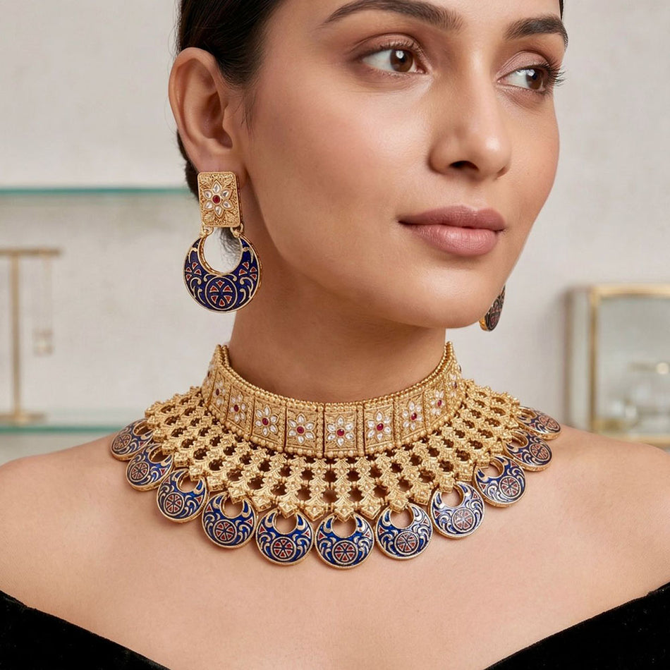 Pota Stone Meenakari Choker in Gold Tone | Bridal Jewellery India