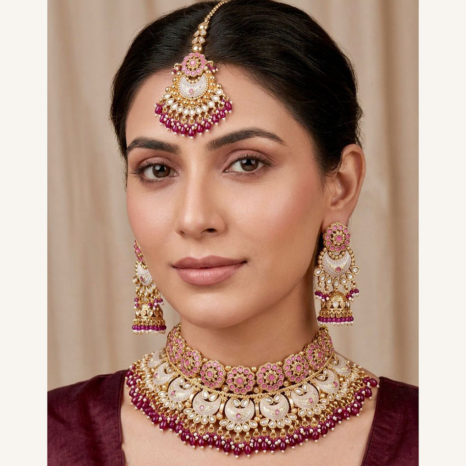 Pota Stone Meenakari Choker in Gold Tone | Bridal Jewellery India
