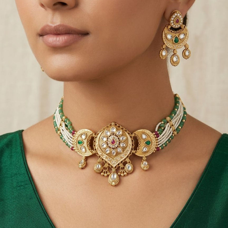 Meenakari Choker in Silver with Pota Stones | Bridal Jewellery India