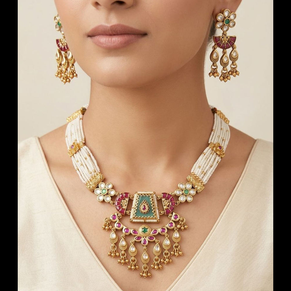 Pearl Necklace in White Gold Plated | Bridal Jewellery India