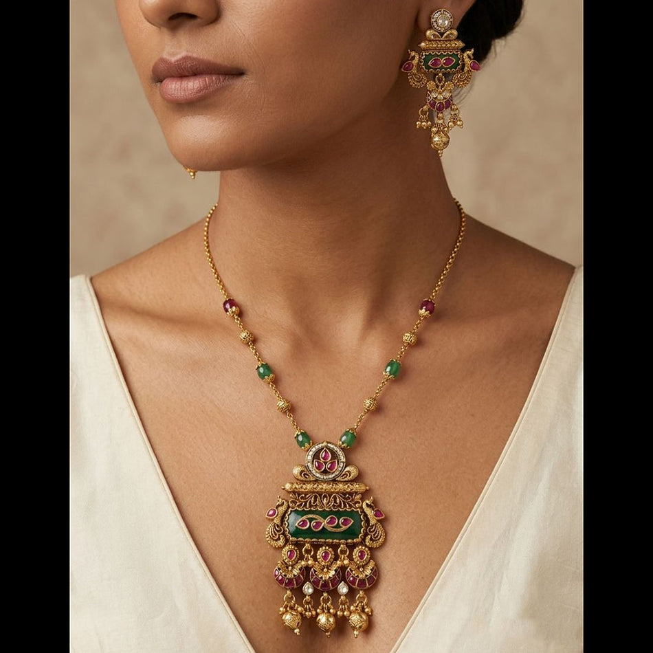 Rose Gold Plated Pota Stone and Pearl Necklace Set | Bridal Jewellery India