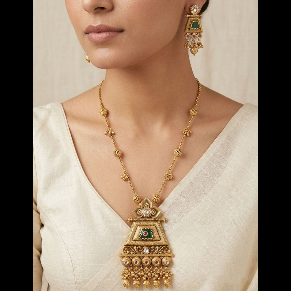 Rose Gold Plated Pota Stone Necklace Set | Bridal Jewellery India