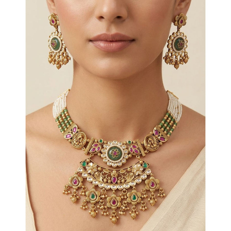 Rose Gold Plated Pota Stone Choker Necklace | Bridal Jewellery India
