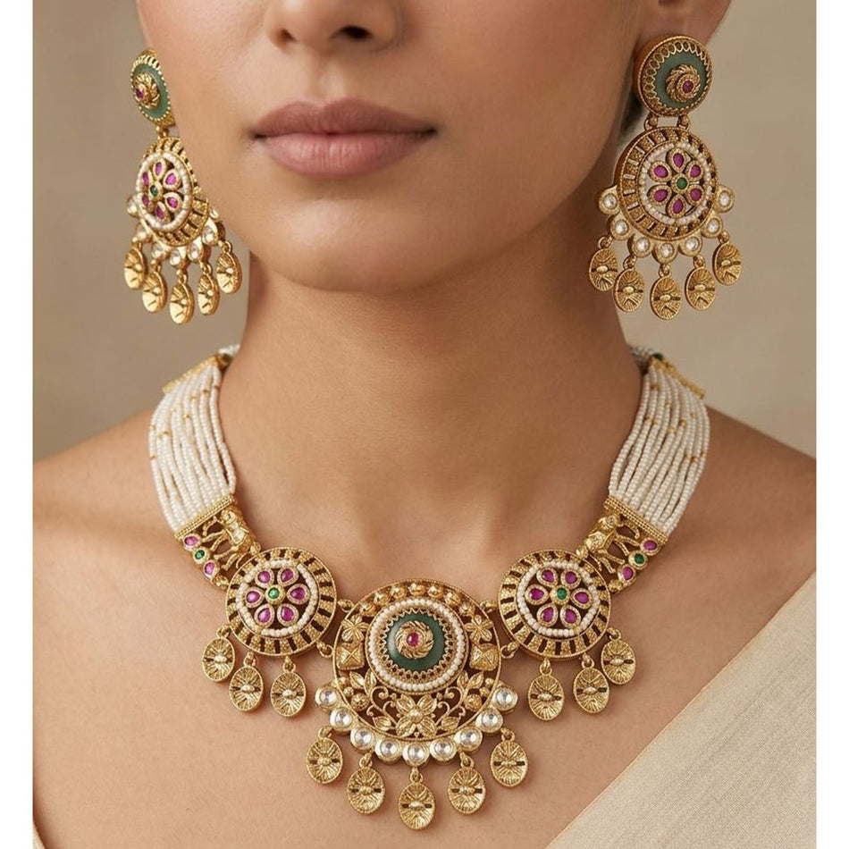 Pota Stone and Pearl Necklace in Sterling Silver | Bridal Jewellery India