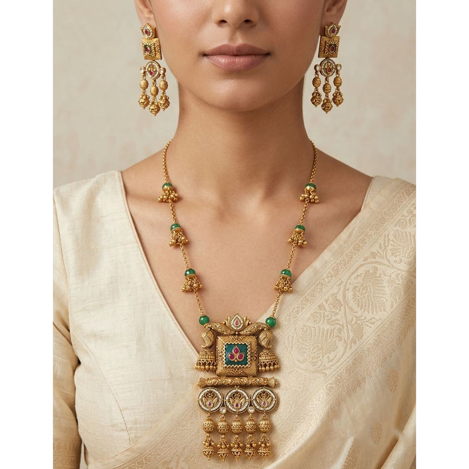 Rose Gold Plated Pota Stone Pearl Necklace Set | Bridal Jewellery India