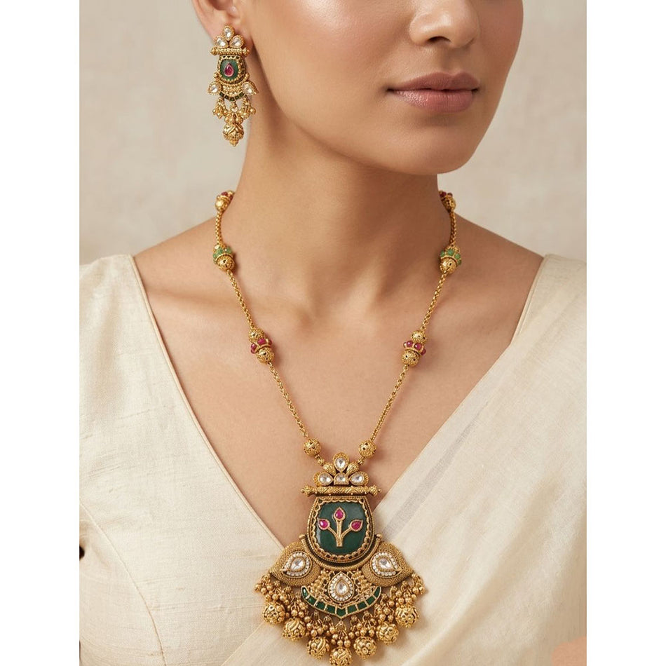 Rose Gold Plated Pota Stone and Pearl Necklace Set | Bridal Jewellery India