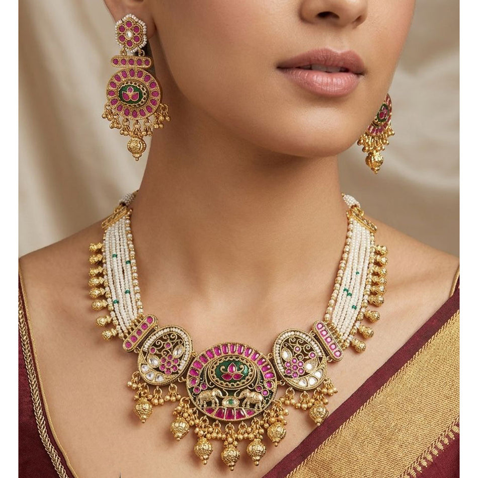 Pota Stone Pearl Necklace in Sterling Silver | Bridal Jewellery India